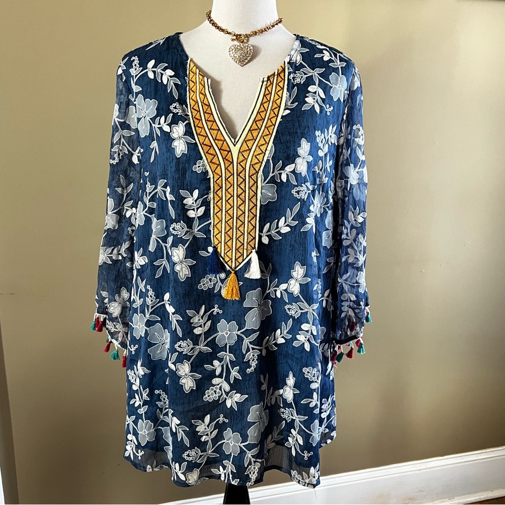 Hayden Los Angeles Floral with Tassels Boho Tunic 1XL
